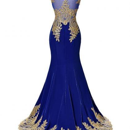 Royal Blue Long Satin Prom Dress,Mermaid Elegant Evening Dresses,Gold ...