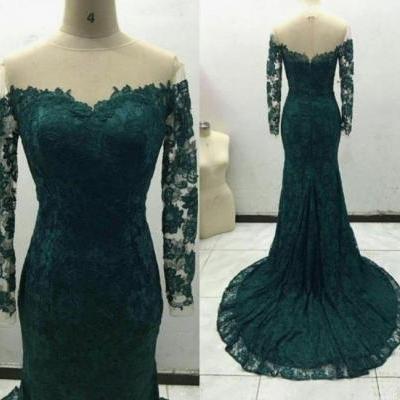 Long sleeve Teal Mermaid Prom Dresses Lace Apllique Pageant Dress