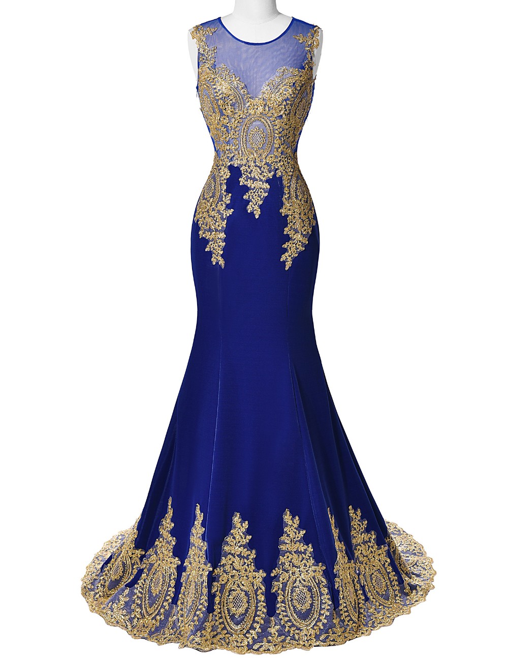 Royal Blue Long Satin Prom Dress,Mermaid Elegant Evening Dresses,Gold