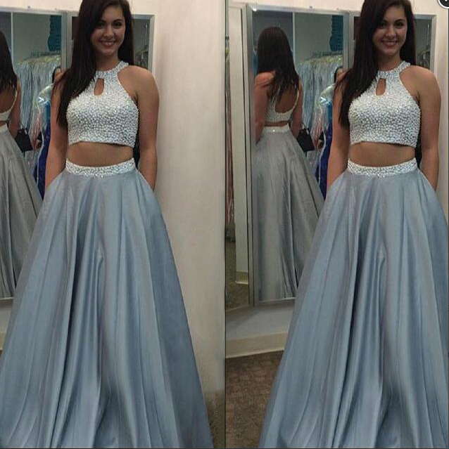 two piece grey prom dress