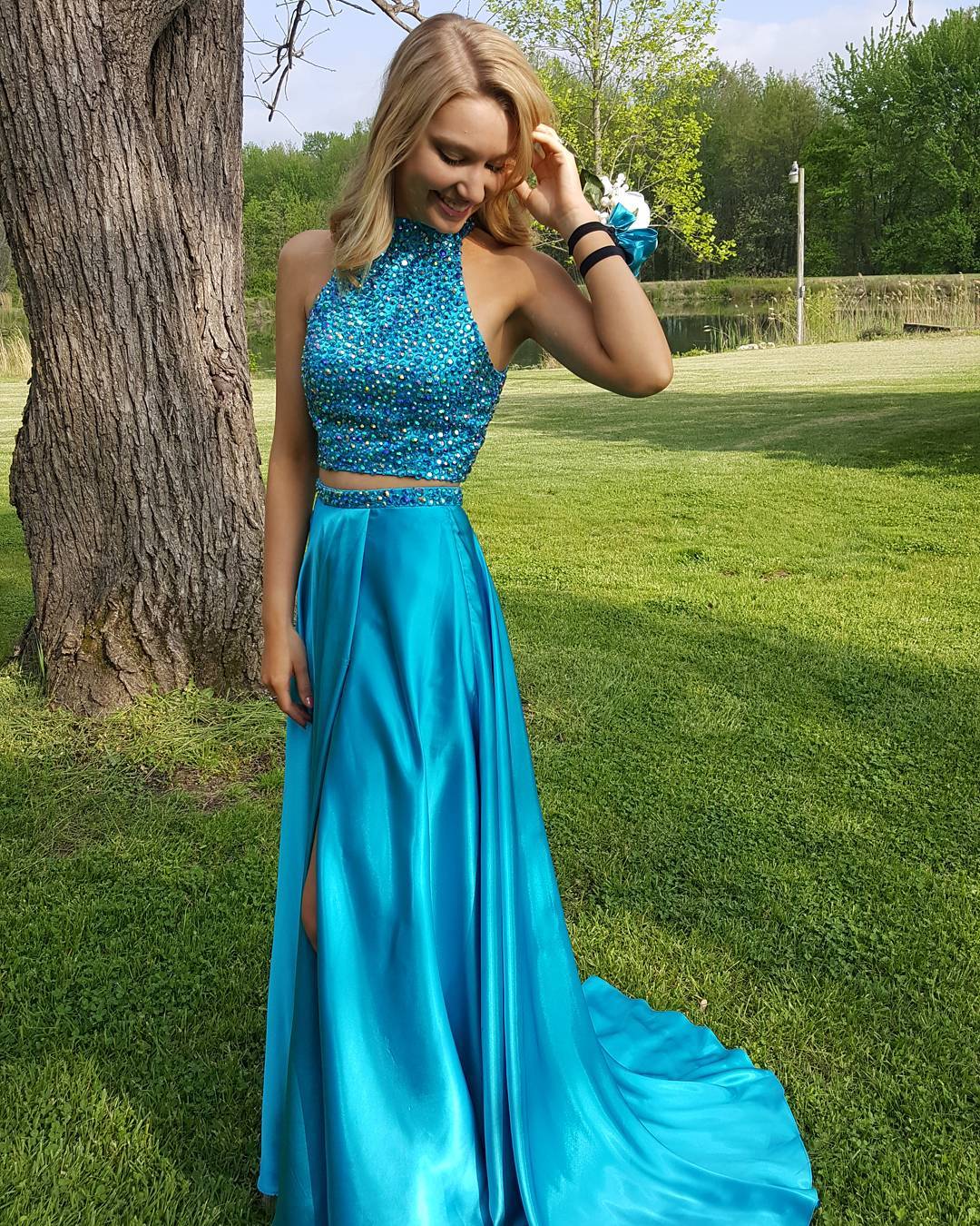 2 piece teal prom dress