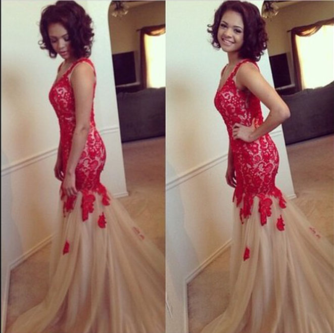 red lace mermaid prom dress