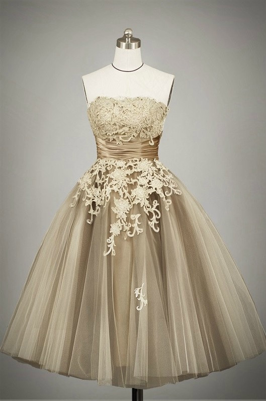 Strapless Tea Length Lace Party Dress